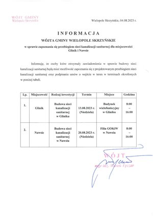 Informacja Wójta Gminy Wielopole Skrzyńskie w sprawie zapoznania się z przebiegiem sieci kanalizacji sanitarnej dla miejscowości Nawsie i Glinik