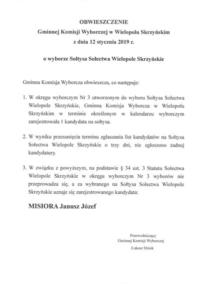 Obwieszczenie Gminnej Komisji Wyborczej w Wielopolu Skrzyńskim z dnia 12 stycznia 2019 r. o wyborze Sołtysa Sołectwa Wielopole Skrzyńskie
