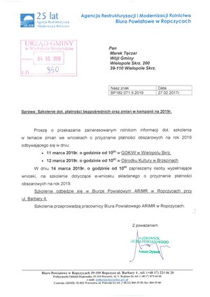 Szkolenie dot. płatności bezpośrednich oraz zmian w kampanii na 2019r.