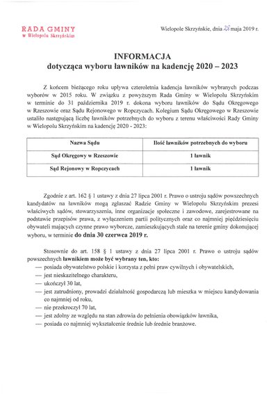 Informacja dotycząca wyboru ławników na kadencję 2020 - 2023