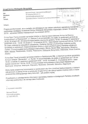 Informacja o sprzedaży biletów miesięcznych przez przewoźników