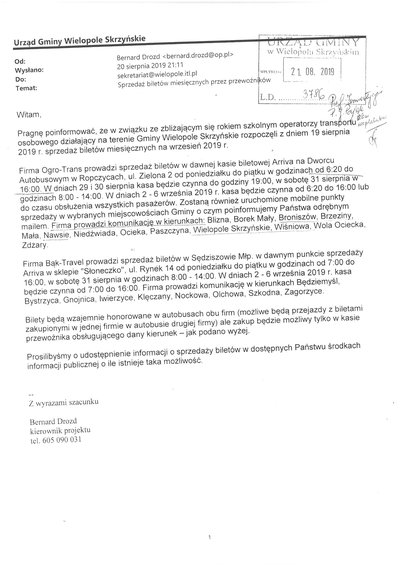 Informacja o sprzedaży biletów miesięcznych przez przewoźników