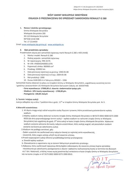 Wójt Gminy Wielopole Skrzyńskie ogłasza aukcję dotyczącą sprzedaży samochodu RENAULT G280