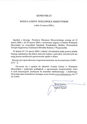 Komunikat Wójta Gminy Wielopole Skrzyńskie