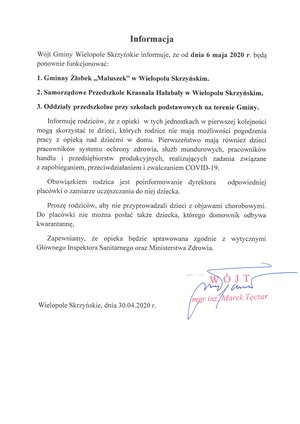Wznowienie funkcjonowania żłobka, przedszkola oraz oddziałów przedszkolnych przy szkołach