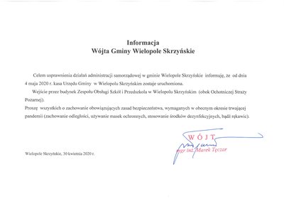 Otwarcie kasy Urzędu Gminy Wielopole Skrzyńskie