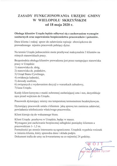Zasady funkcjonowania Urzędu Gminy w Wielopolu Skrzyńskim od 18 maja 2020 r.