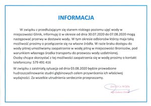 Informacja dotycząca przerw w dostawie wody w miejscowości Glinik