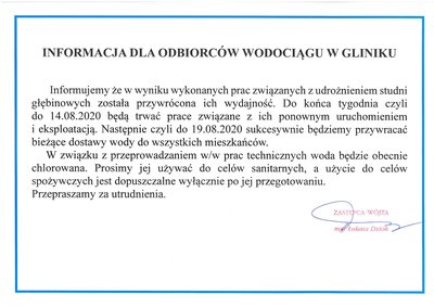 Informacja dla odbiorców wodociągu w Gliniku