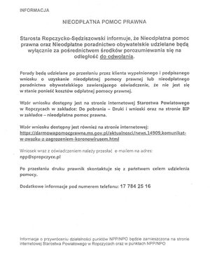 Informacja dotycząca nieodpłatnej pomocy prawnej i poradnictwa obywatelskiego