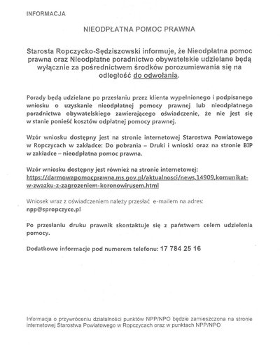 Informacja dotycząca nieodpłatnej pomocy prawnej i poradnictwa obywatelskiego