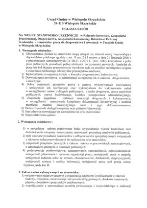 Nabór na wolne stanowisko urzędnicze ds. drogownictwa i inwestycji w Urzędzie Gminy w Wielopolu Skrzyńskim