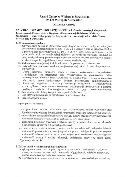 Nabór na wolne stanowisko urzędnicze ds. drogownictwa i inwestycji w Urzędzie Gminy w Wielopolu Skrzyńskim