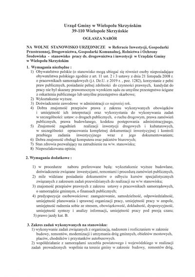 NABÓR NA WOLNE STANOWISKO URZĘDNICZE DS. DROGOWNICTWA I INWESTYCJI W URZĘDZIE GMINY W WIELOPOLU SKRZYŃSKIM