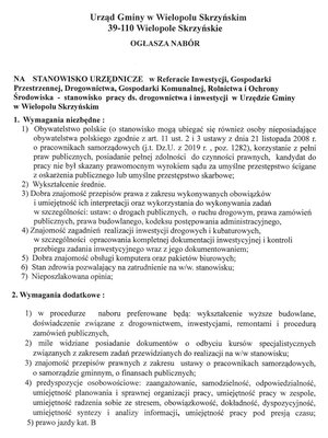 Nabór na wolne stanowisko urzędnicze ds. drogownictwa i inwestycji w Urzędzie Gminy w Wielopolu Skrzyńskim