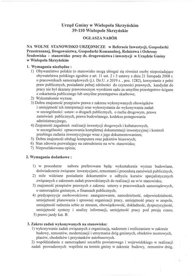 Nabór na wolne stanowisko urzędnicze ds. drogownictwa i inwestycji w Urzędzie Gminy w Wielopolu Skrzyńskim