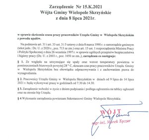 Zarządzenie Wójta Gminy Wielopole Skrzyńskie w sprawie skrócenia czasu pracy pracowników Urzędu Gminy