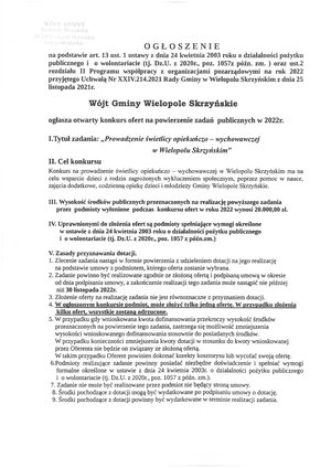 Ogłoszenie o konkursie ofert na powierzenie zadań publicznych w 2022 r.