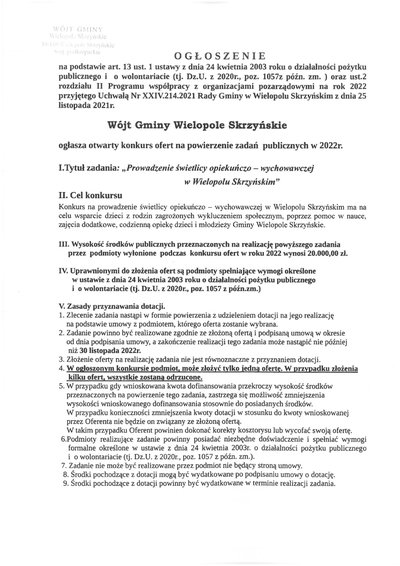 Ogłoszenie o konkursie ofert na powierzenie zadań publicznych w 2022 r.