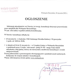 KONSULTACJE W NAWSIU DOTYCZĄCE PRZYWRÓCENIA PRAW MIEJSKICH DLA WIELOPOLA SKRZYŃSKIEGO
