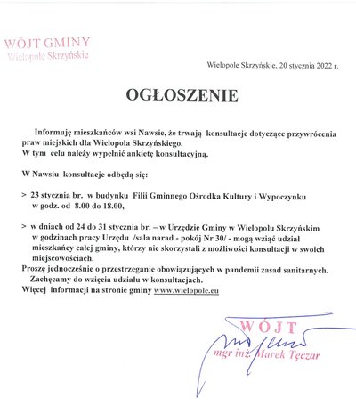 KONSULTACJE W NAWSIU DOTYCZĄCE PRZYWRÓCENIA PRAW MIEJSKICH DLA WIELOPOLA SKRZYŃSKIEGO