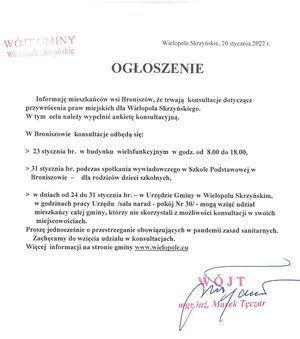 KONSULTACJE W BRONISZOWIE DOTYCZĄCE PRZYWRÓCENIA PRAW MIEJSKICH DLA WIELOPOLA SKRZYŃSKIEGO