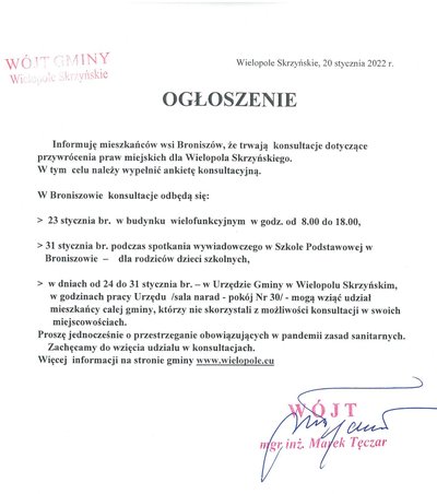 KONSULTACJE W BRONISZOWIE DOTYCZĄCE PRZYWRÓCENIA PRAW MIEJSKICH DLA WIELOPOLA SKRZYŃSKIEGO