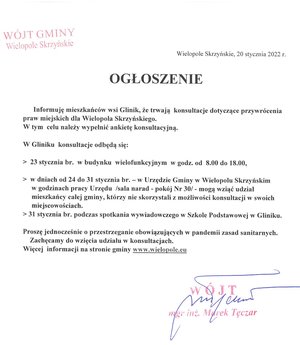 KONSULTACJE W GLINIKU DOTYCZĄCE PRZYWRÓCENIA PRAW MIEJSKICH DLA WIELOPOLA SKRZYŃSKIEGO