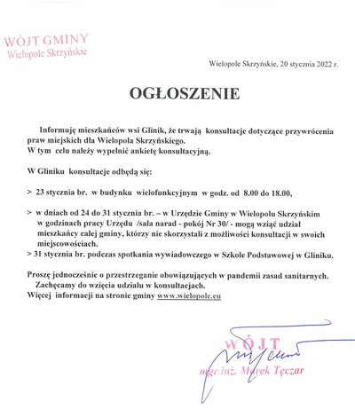 KONSULTACJE W GLINIKU DOTYCZĄCE PRZYWRÓCENIA PRAW MIEJSKICH DLA WIELOPOLA SKRZYŃSKIEGO