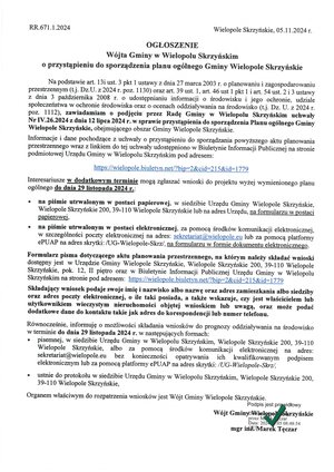 Ogłoszenie Wójta Gminy w Wielopolu Skrzyńskim o przystąpieniu do sporządzenia planu ogólnego Gminy Wielopole Skrzyńskie