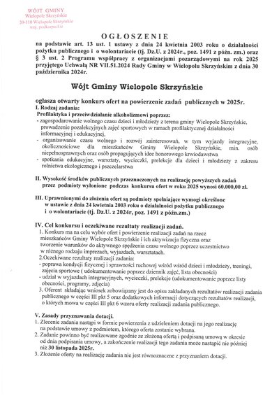 Ogłoszenie o konkursie ofert na powierzenie zadań publicznych w 2025 r.
