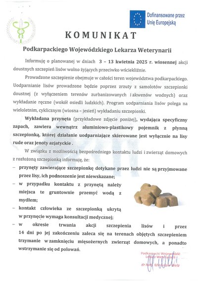 Komunikat Podkarpackiego Wojewódzkiego Lekarza Weterynarii