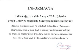 Dzień 2 maja 2025 r. dniem wolnym od pracy w Urzędzie Gminy w Wielopolu Skrzyńskim