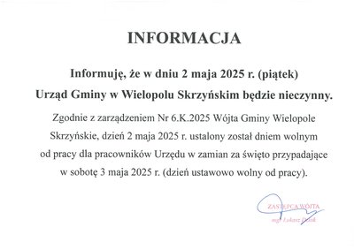 Dzień 2 maja 2025 r. dniem wolnym od pracy w Urzędzie Gminy w Wielopolu Skrzyńskim