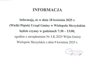 Skrócony czas pracy Urzędu Gminy w Wielopolu Skrzyńskim w dniu 18 kwietnia 2025 r.