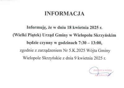 Skrócony czas pracy Urzędu Gminy w Wielopolu Skrzyńskim w dniu 18 kwietnia 2025 r.
