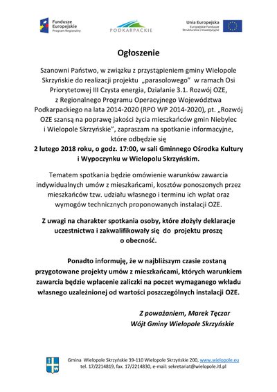 Spotkanie informacyjne w związku z przystąpieniem gminy Wielopole Skrzyńskie do realizacji projektu pt. „Rozwój OZE szansą na poprawę jakości życia mieszkańców gmin Niebylec i Wielopole Skrzyńskie”