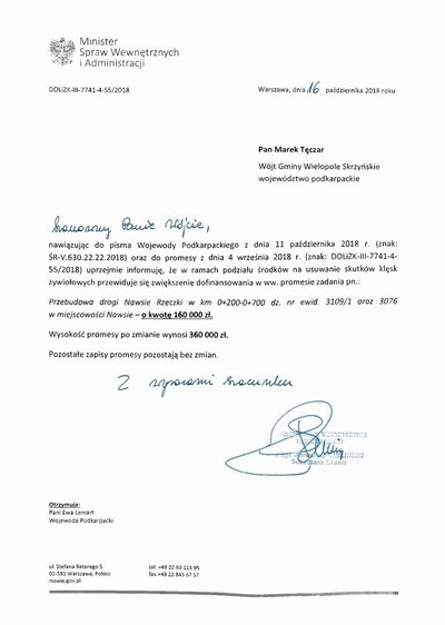 Zwiększenie promesy na realizację zadania: Przebudowa drogi gminnej Nawsie Rzeczki