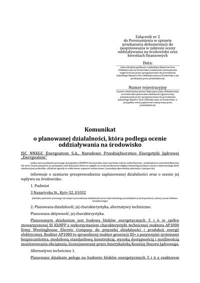 Komunikat o planowanej działalności, która podlega ocenie oddziaływania na środowisko