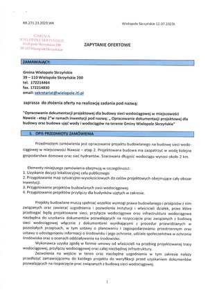 Zapytanie ofertowe: "Opracowanie dokumentacji projektowej dla budowy sieci wodociągowej w miejscowości Nawsie - etap 2"w ramach inwestycji pod nazwą: , Opracowanie dokumentacji projektowej dla budowy oraz budowa ujęć wody i wodociągów na terenie Gminy Wielopole Skrzyńskie"