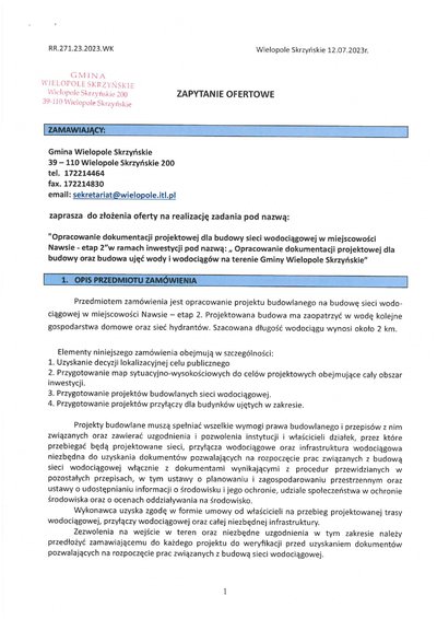 Zapytanie ofertowe: "Opracowanie dokumentacji projektowej dla budowy sieci wodociągowej w miejscowości Nawsie - etap 2"w ramach inwestycji pod nazwą: , Opracowanie dokumentacji projektowej dla budowy oraz budowa ujęć wody i wodociągów na terenie Gminy Wielopole Skrzyńskie"