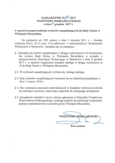 Zarządzenie nr 195/2017 Wojewody Podkarpackiego z dnia 15 grudnia 2017 r.