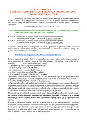 Zawiadomienie o zmianie wysokości stawki opłaty za gospodarowanie odpadami komunalnymi