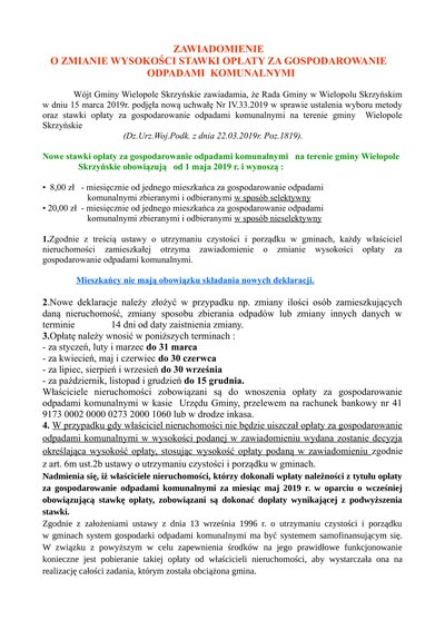 Zawiadomienie o zmianie wysokości stawki opłaty za gospodarowanie odpadami komunalnymi