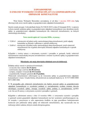 ZAWIADOMIENIE O ZMIANIE WYSOKOŚCI STAWKI OPŁATY ZA GOSPODAROWANIE  ODPADAMI  KOMUNALNYMI