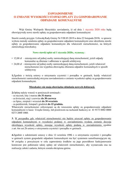 ZAWIADOMIENIE O ZMIANIE WYSOKOŚCI STAWKI OPŁATY ZA GOSPODAROWANIE ODPADAMI KOMUNALNYMI