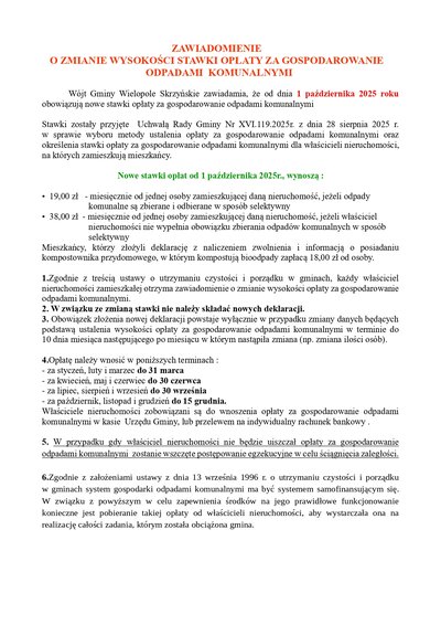 ZAWIADOMIENIE O ZMIANIE WYSOKOŚCI STAWKI OPŁATY ZA GOSPODAROWANIE ODPADAMI KOMUNALNYMI