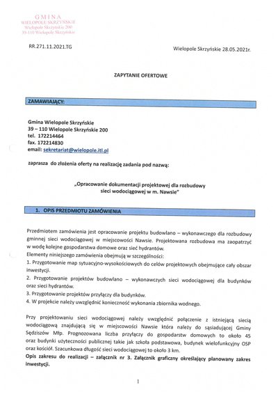 Zapytanie ofertowe: „Opracowanie dokumentacji projektowej dla rozbudowy sieci wodociągowej w m. Nawsie"