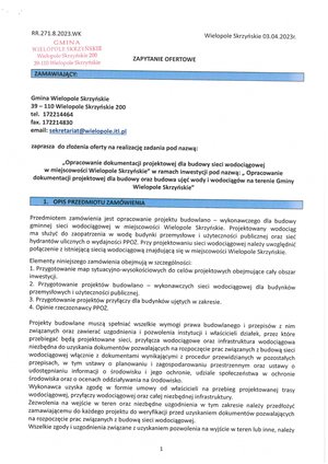 Zapytanie ofertowe: "Opracowanie dokumentacji projektowej dla budowy sieci wodociągowej w miejscowości Wielopole Skrzyńskie" w ramach inwestycji pod nazwą: "Opracowanie dokumentacji projektowej dla budowy oraz budowy ujęć wody i wodociągów na terenie Gminy Wielopole Skrzyńskie"