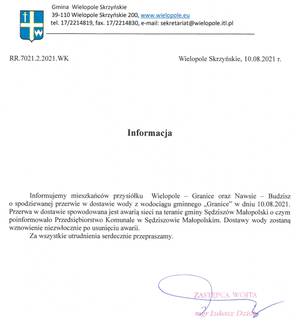 Informacja o przerwie w dostawie wody z wodociągu gminnego "Granice"